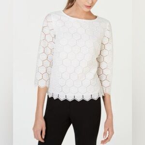 NWT Anne Klein Geometric Lace Top | White | Size 8